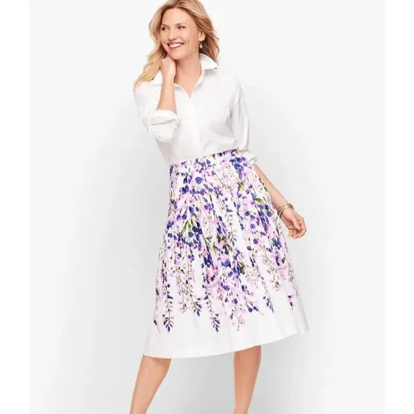 NWT Talbots Wisteria Print Midi Skirt Pleated Pockets Floral White Purple 2 - Picture 1 of 7